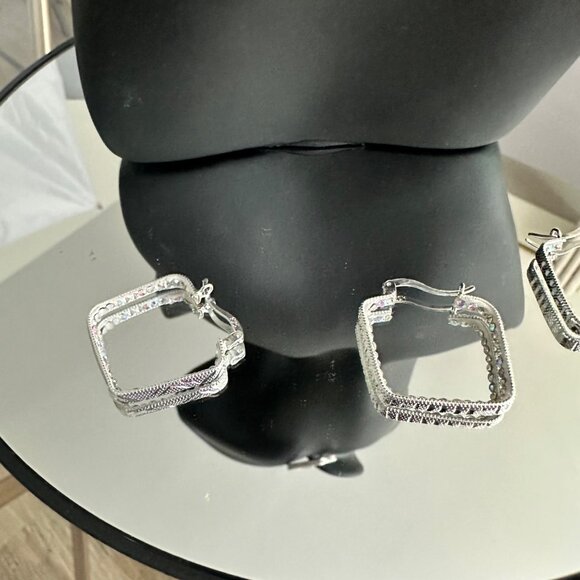 Sterling Silver 925 Square Hoop Earrings With Zircon Accents 3MM - Picture 5 of 9